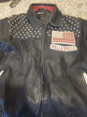 Pelle Pelle Men's blue Leather Flag Patch Jacket